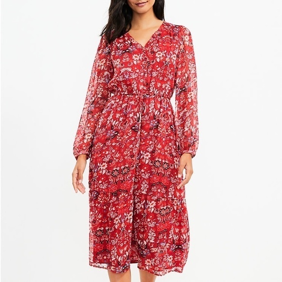 LOFT Red Floral Clip V-Neck Midi Dress - Picture 2 of 10